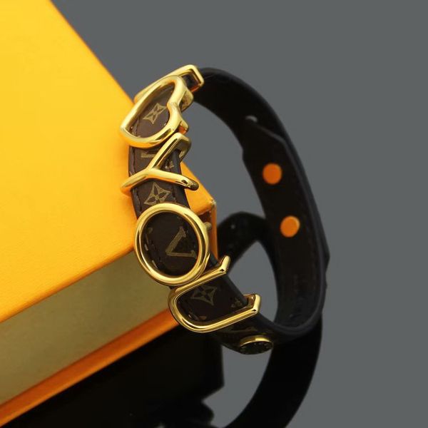 

brand named bracelets lady print flower v letter design leather bracelet bangle with 18k plated gold hollow out i love you letter, Black