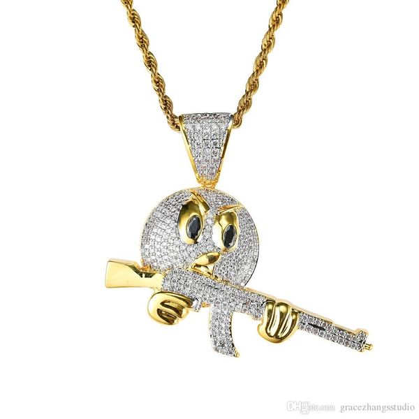 

хип-хоп смайлики взятие пистолета алмазы кулона ожерелье для мужчин западных роскоши съемки пушки ожерелья реального золото гальванической м, Silver