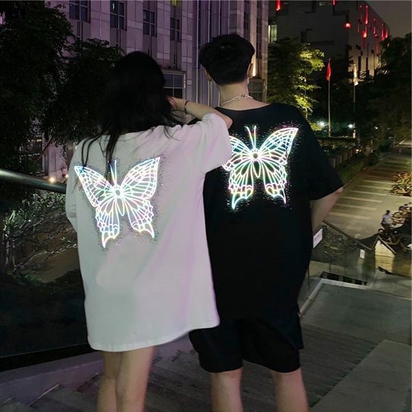 

2020 loose reflective printing ins couple short-sleeved women's wear 2020 loose reflective butterfly printing ins t-shirt butterfly cou, White