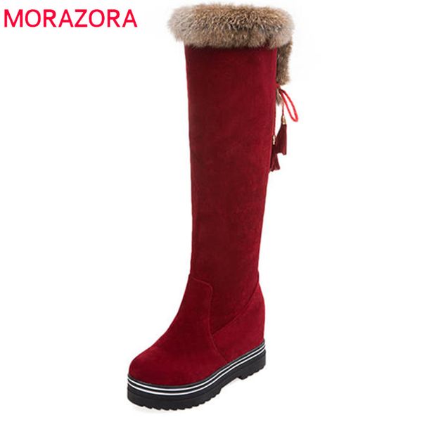 

morazora 2020 new women's winter boots round toe knee high boots lace up keep warm snow fashion platform shoes woman, Black