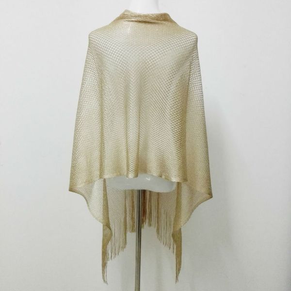 Moda-primavera stile rock metallizzato lucido a rete poncho sciarpa scialle donna sexy estate oro paillettes frangia poncho