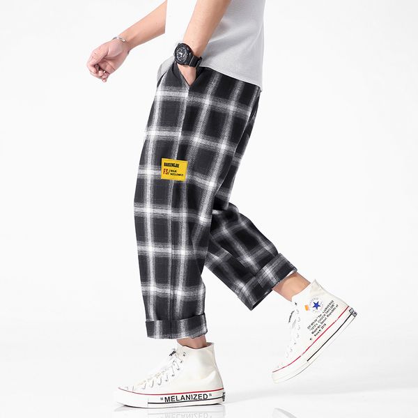

bqodqo 2019 pants for men plaid pant comfortable men's summer casual streetwear loose trouser comfortable pocket japanese trendy, Black