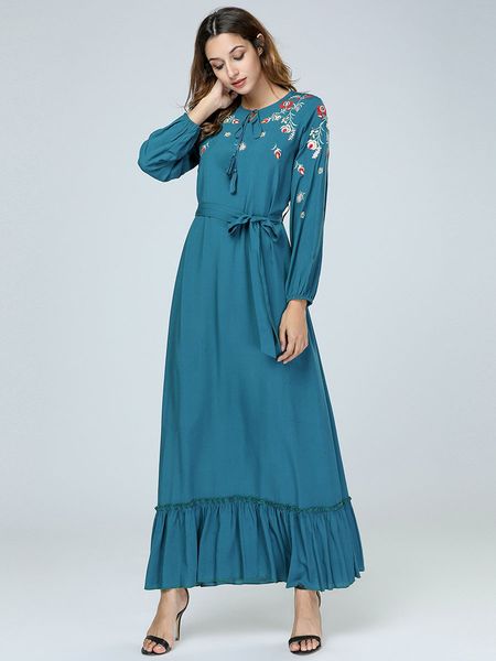 

dubai abayas women flower embroidery turkish turkey bangladesh kaftan islamic clothes plus size arabic bandage dress muslim robe, Red