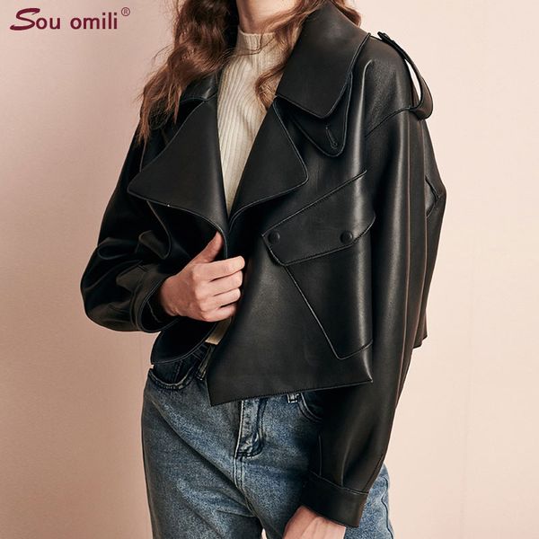 

short oversized leather jacket women big pocket faux leather coats chaqueta blazer jack blouson veste femme chamarras de mujer, Black