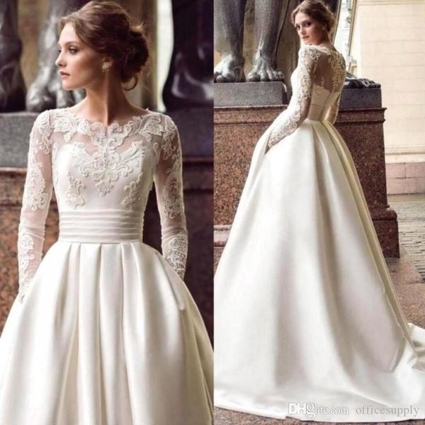 

classical long sleeve vintage wedding dresses with pockets satin appliqued a line 2019 bridal gowns turkey sweep train, White