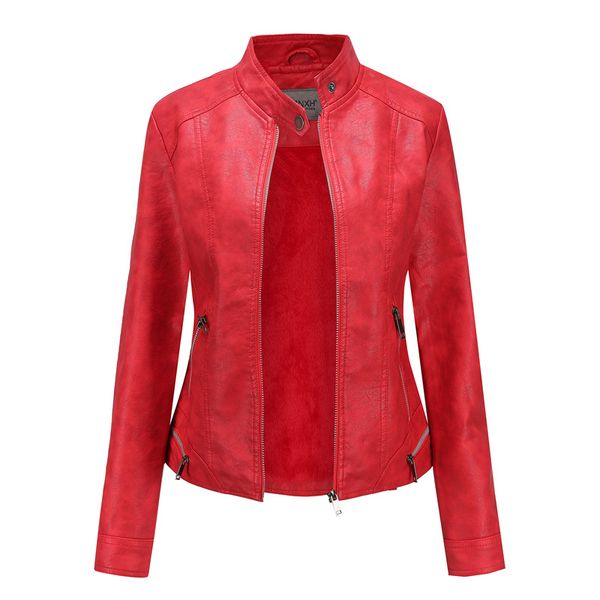 

women's leather & faux winter jacket women pu coat ladies slim short motorcyle biker basic warm plush outerwear, Black