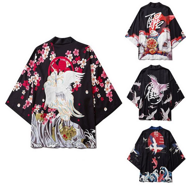 

shujin мужчины даосский robe печатные стрит lovers одежда сыпучие повседневный mid-рукав мужская рубашка 2020, Black;white
