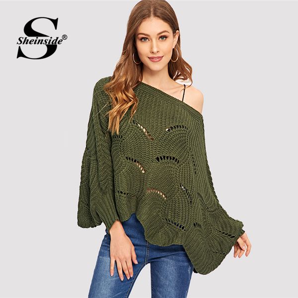 

army green eyelet detail scallop trim batwing sleeve sweater boat neck 2018 autumn pullovers oversized loose sweater, White;black