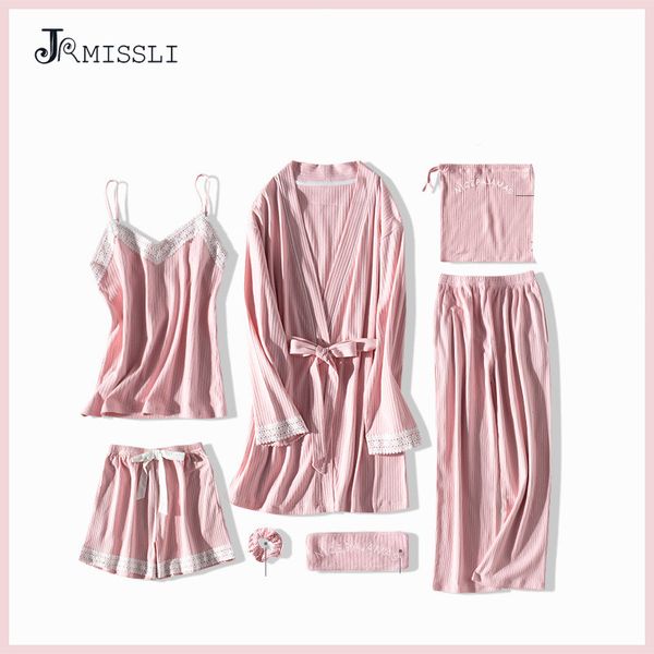 

jrmissli lace women pajamas 7 pieces cotton pajama sets sleepwear silk home wear solid sleep lounge pink pyjamas nightwear, Blue;gray