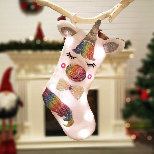 

christmas unicorn stockings cartoon animal plush hanging decoration stocking light candy bag gifts bag party festive supplies