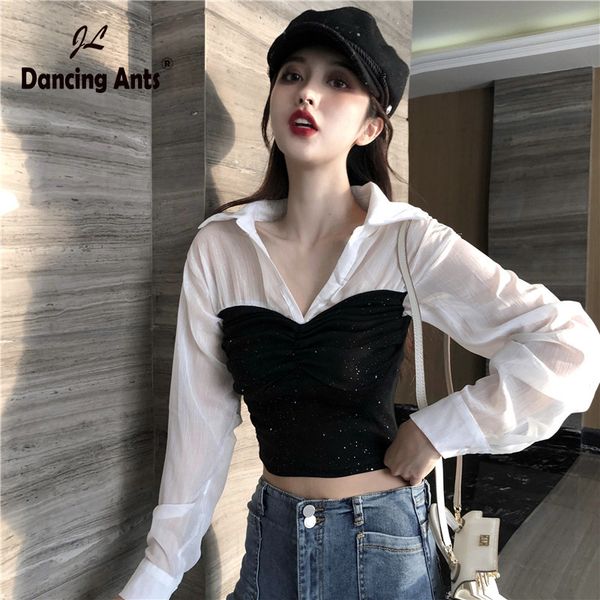 

women's blouses & shirts women crop long sleeve v-neck slim short korean sequined patchwork skinny streetwear 2021 spring fashion, White