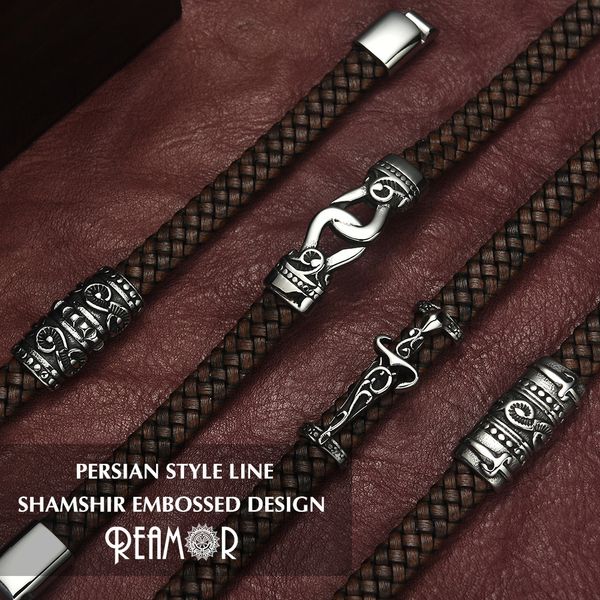 

reamor luxury zircon persian courage sword knot spiral stainless steel magnetic clasp brown cowhide leather men women bracelets, Golden;silver