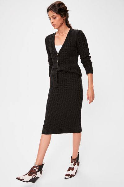 

trendyol черный плетеный волос свитер юбка twoaw20et0394, Black