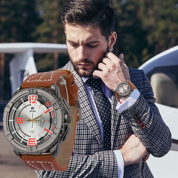 

men watches luxury business large dial fashion leather belt quartz watch orologi uomo reloj hombre marca de lujo horloge man, Slivery;brown