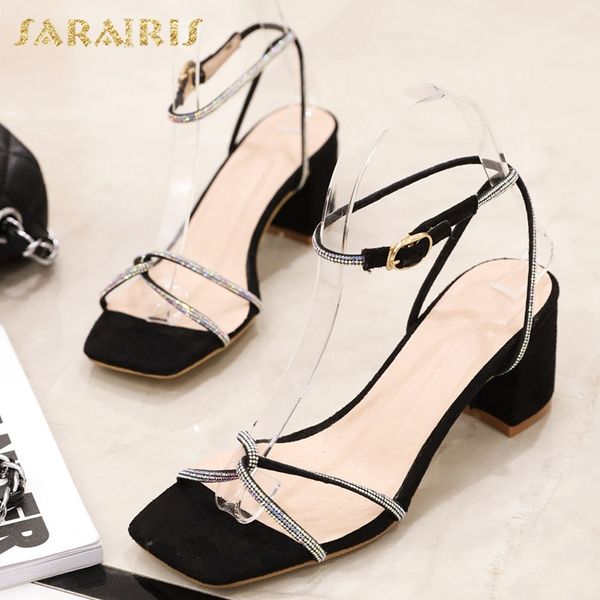 

sarairis 2020 nuevo diseño flocado tacones cuadrados zapatos de verano sandalias de mujer correa con hebilla femenina sandalias casuales de, Black