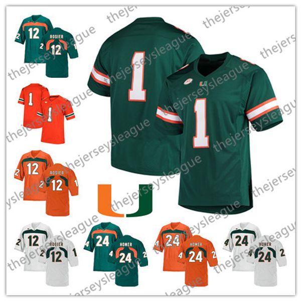 

Miami Hurricanes 2019 #12 Malik Rosier Jr. 26 Sean Taylor 24 Travis Homer Green Orange White Stitched NCAA College Football Jersey