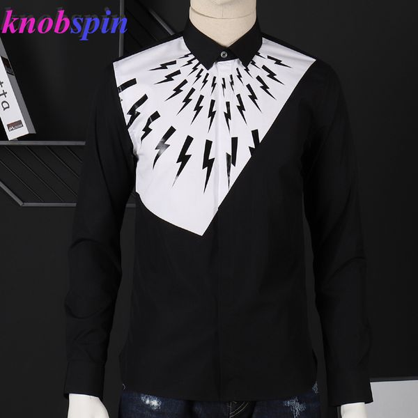 

100% pure cotton shirt men 2019 fashion flash printed patchwork chemise homme casual long sleeve slim men shirts camisas hombre, White;black