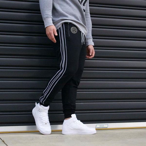 

new fall and winter men's urban leisure wind external stripe fashion 100% cotton sweat exercise pants, Black