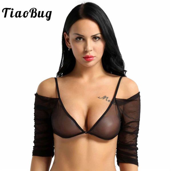 

tiaobug women black soft sheer mesh off shoulder half sleeve deep v slip-on short tank female transparent bra crop top, White