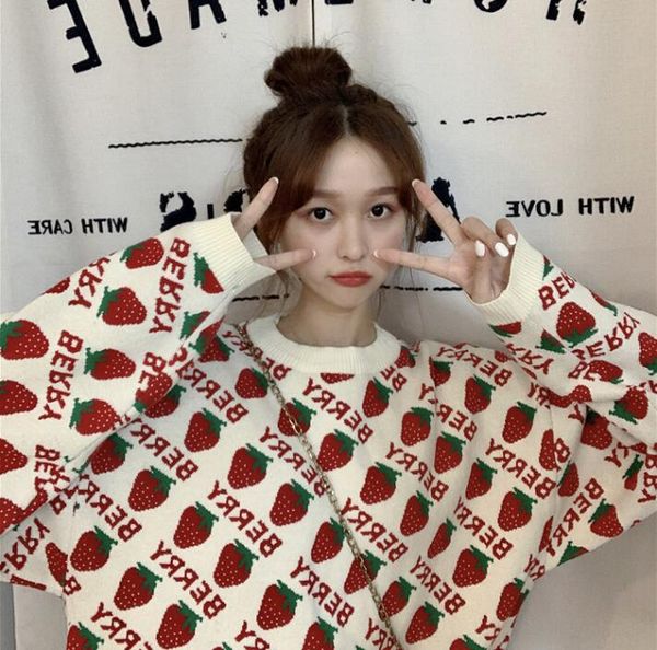 

autumn new strawberry jacquard cute long-sleeved knit loose pullover sweater female, White;black