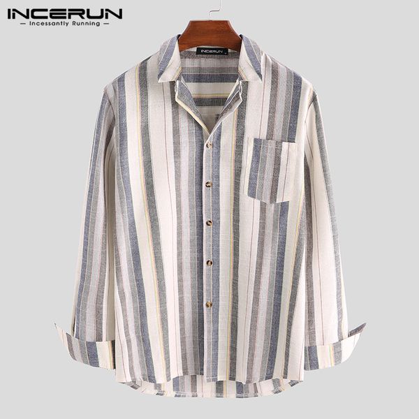 

incerun literary youth stripe men long sleeve lapel casual shirt fashion comfort cotton linen social button mens blouse, White;black