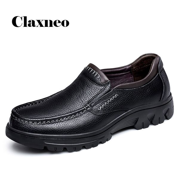 

claxneo man leather shoes slip on male loafers genuine leather clax men's walking footwear dress shoe plush fur warm big size, Black