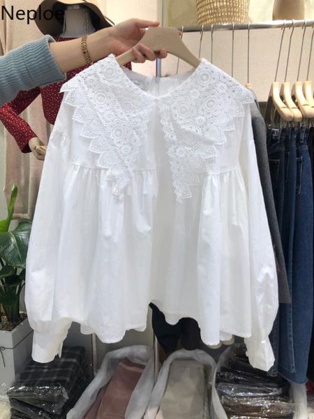 

neploe korean sweet women blouse lace patchwork peter pan collar long sleeve pullover 2020 new blusas mujer de moda 4a448, White