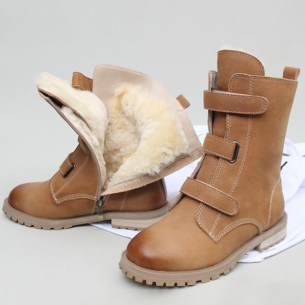 

Fur Snow Boots Women Winter Fleece Lining Thick Mid-Calf Booties British Style Brown Black Genuine Leather Half Boots Female