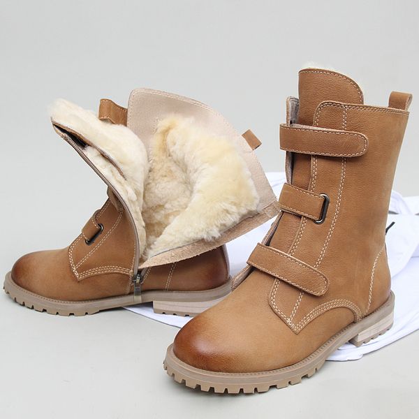 

Fur Snow Boots Women Winter Fleece Lining Thick Mid-Calf Booties British Style Brown Black Genuine Leather Half Boots Female