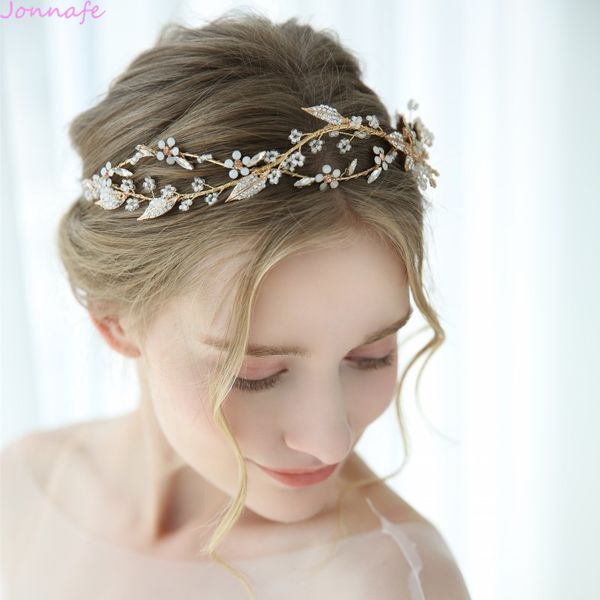 

jonnafe shine golden leaf women hairband rhinestone wedding tiara headband hand wired bridal hair crown ornament, Golden;white