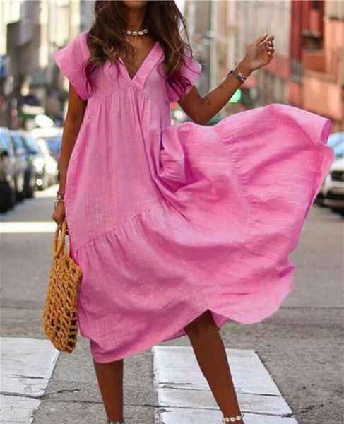 

Fashion Candy Color Vintage Dresses Casual Ladies Ruffle Deep V-Neck Dresses Designer Loose Short Sleeve Dresses
