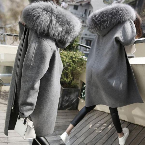 

women woolen winter coats 2019 new solid color casual hooded fur collar medium long large size m-5xl clothes mujer abrigos f1550, Black