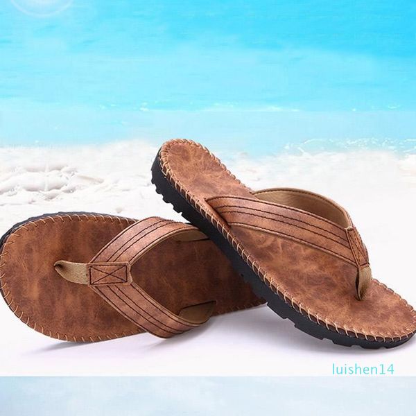 

summer men pu leather wearing flip flops outdoor beach bathing sandals home anti-slip flat slipper shoes l14, Black