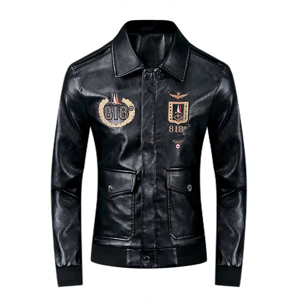 

2019 new fashion mens designer leather punk style jackets flying jacket badge embroidery letter coat lapel neck pu jacket size m-3xl, Black