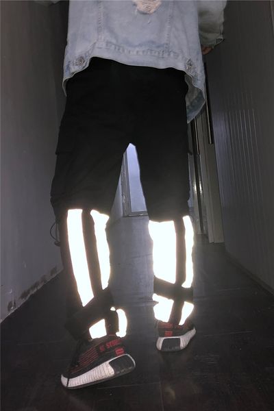 

new hip hop pants dark reflection cargo pants menfull length adjustable leg opening mens pants, Black