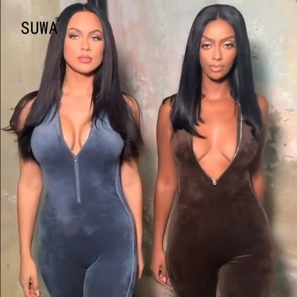 

casual women solid color leggings jumpsuits newon design ladies zipper up sleeveless long rompers catsuits 2 color, Black;white