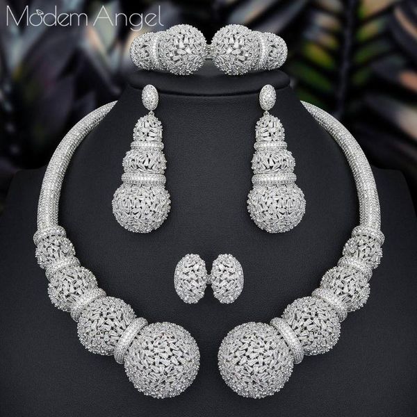 

modemangel african bangle rings set for women with cubic zirconia copper necklace earrings bracelet ring full set, Silver