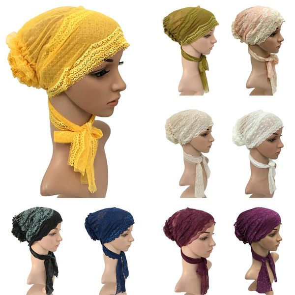 

women lace flower hat cancer chemo muslim hijab turban cap hair loss cap head wrap inner long tail bonnet arab beanies new, Red
