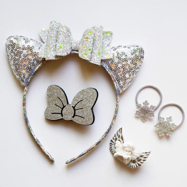 

european and american fashion sequined cat ears headband quicksand oversized bow hair clip hair accessories gift box suit, Slivery;white