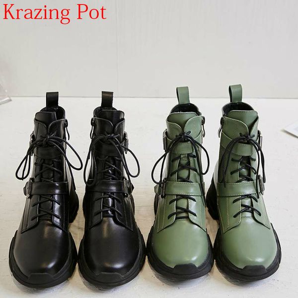 

2018 new arrival genuine leather gorgeous streetwear zipper runway med heels round toe thick bottom metal buckle ankle boots l84, Black