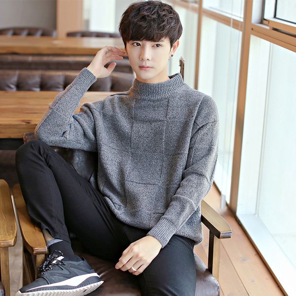 

autumn fashion young men's half turtleneck sweater knitting pullover for male long sleeves casual plaid sweater pulls homme, White;black