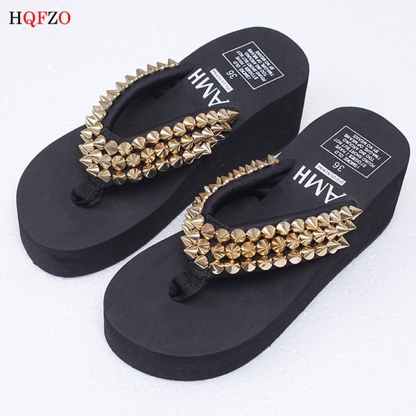 

new antiskid beach slippers rivet golden terlik summer platform woman holiday high heel beach flip flops sandals zapatos mujer, Black