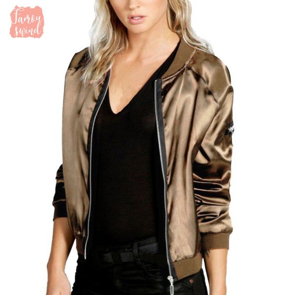 

black silver пальто куртки сатин bomber женщин основные woven пальто дамы весна осень молния топ с длинным рукавом wrap кольчуга верхняя оде, Black;brown