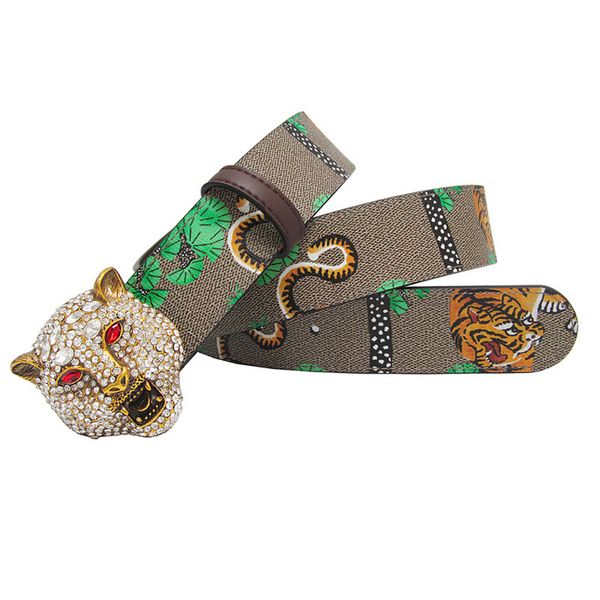

новое поступление горячая мода человек большая пряжка дизайнерские ремни горный хрусталь леопард голова пряжка тигр печати кожа мужчины джин, Black;brown