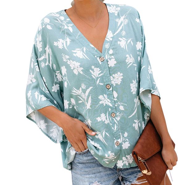 

button down floral print bell sleeve women blouse casual holiday beach shirt fashion tunic v neck loose travel summer, White