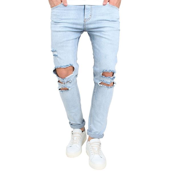 

europe and america men's wear with holes high street light blue elasticity locomotive jeans men's slim fit trousers casual
