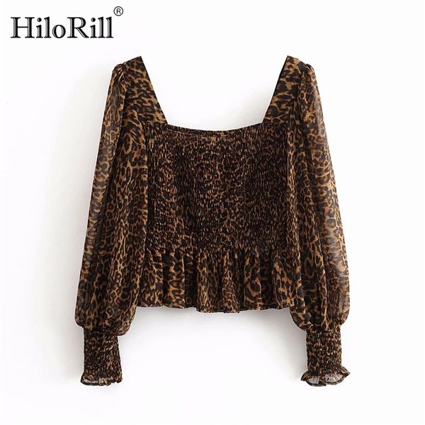 

women chic leopard print chiffon blouses 2020 fashion long sleeve stretch bodycon blouse square collar vitnage shirts, White