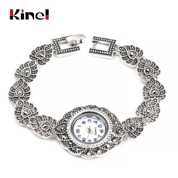 

kinel new 2019 fashion designer promotion antique silver bangles crystal bracelet wristwatch for women vintage jewelry, Slivery;brown