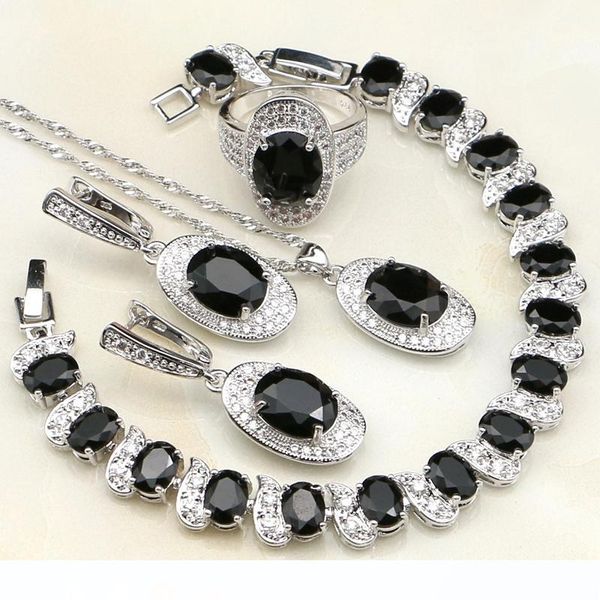 

black cubic zirconia white stones 925 sterling silver jewelry sets for women wedding earring pendant necklace bracelet ring