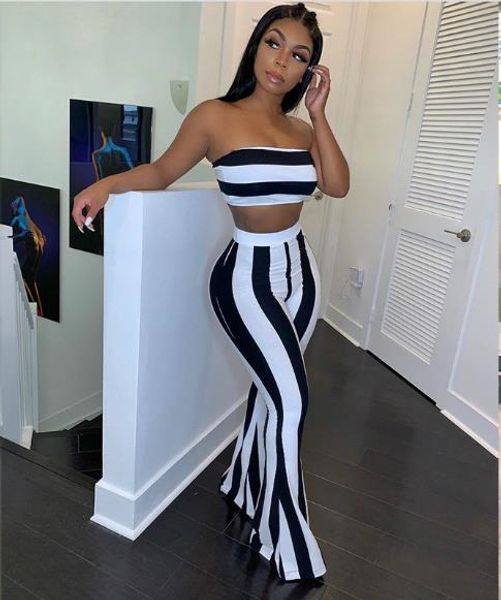 

womens designer striped strapless tracksuits strapless crop long pants fashion flare suits womens clothing, Gray